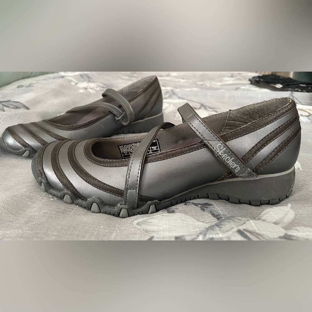Skechers Women's Gray Mary Jane Strap Flats
